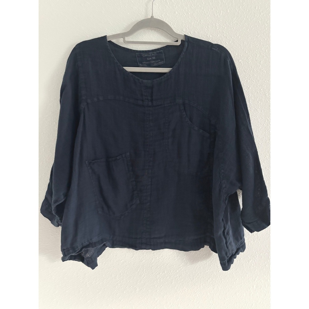 Grizas Top Womens XS Navy‎ Linen Lagenlook Minimalist Capsule Oversized Boxy